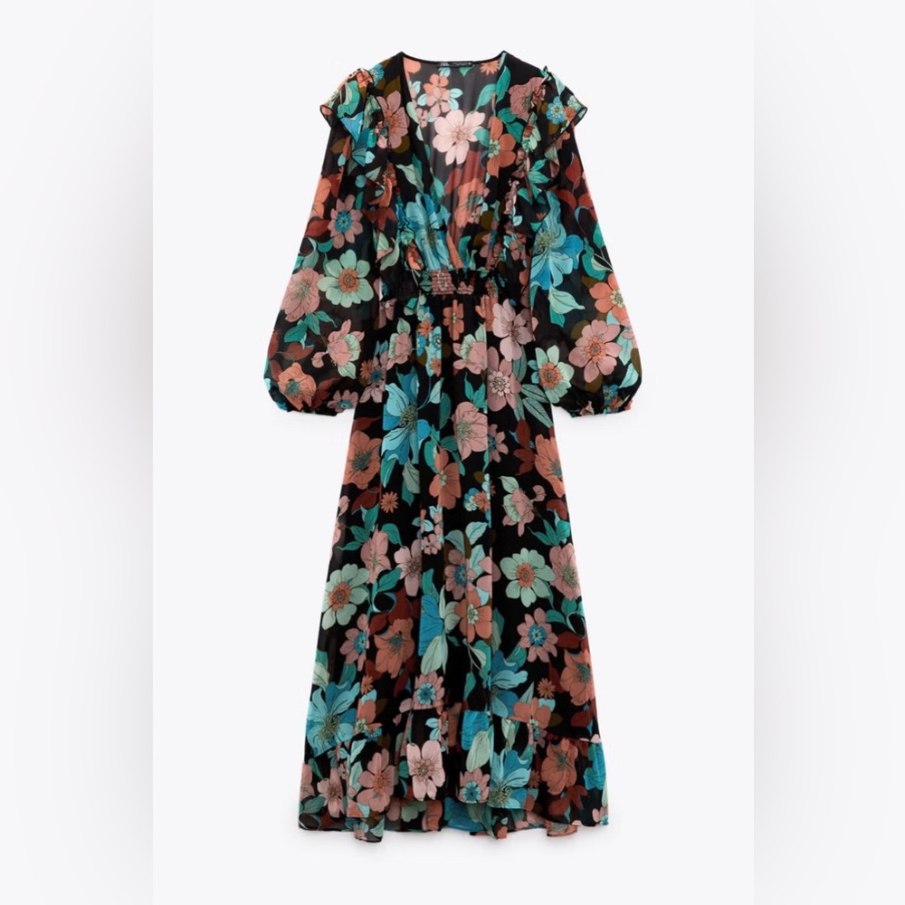 Floral ruffle V-Neck midi Dress